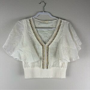 Anthropologie Floreat Off White Aviana Embroidered Bohemian Boho Top Size Small